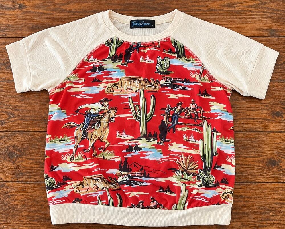Fashion Express Women’s Large Western Cowboy Cactus Desert Print Raglan Top